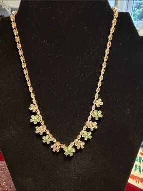 Gold Floral Necklace with pink  Light Green Accents -vintage but new condition